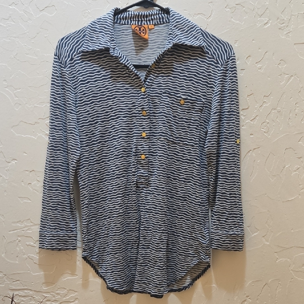 Tory Burch Navy and White Wavy Striped Long Sleeve Top